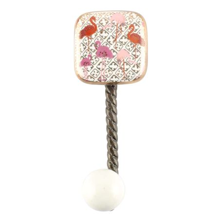 Pink and Gold Flamingo Square Ceramic Wall Hook in Antique Fitting